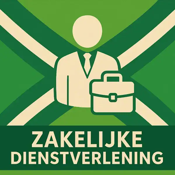 Logo van een zakenpersoon met aktetas in silhouet op de Achterhoekse vlag, met de tekst “ZAKELIJKE DIENSTVERLENING” onderin in een donkergroene balk.