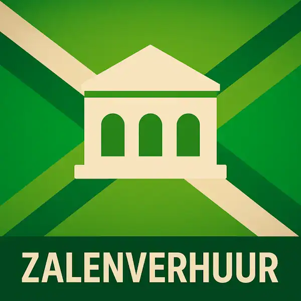 Logo van een gebouw met boogramen in silhouet op de Achterhoekse vlag, met de tekst “ZALENVERHUUR” onderin in een donkergroene balk.