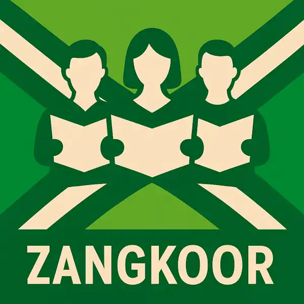 Logo van drie zingende personen met liedboek in silhouet op de Achterhoekse vlag, met de tekst “ZANGKOOR” onderin in een donkergroene balk.