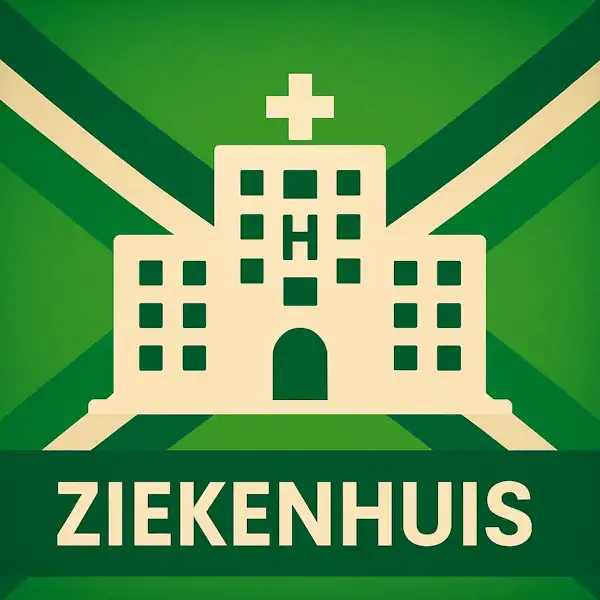 Logo van een ziekenhuisgebouw met kruis en H-symbool in silhouet op een heldere Achterhoekse vlag, met de tekst “ZIEKENHUIS” onderin in een donkergroene balk.