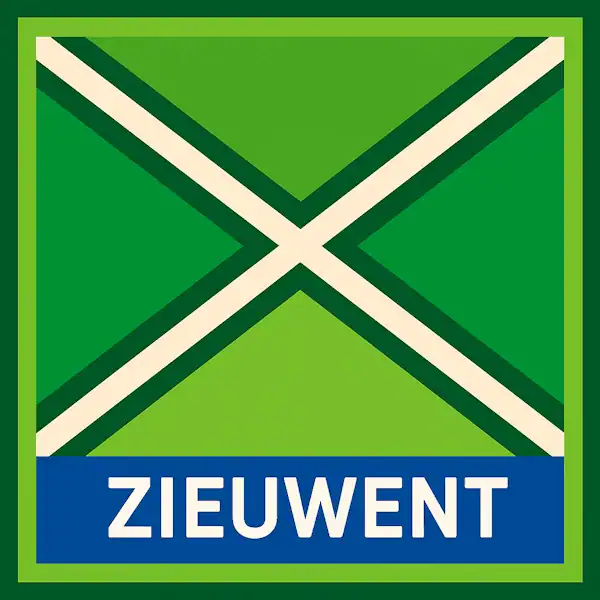 Plaatsnaambord met de tekst "ZIEUWENT" in witte hoofdletters op een blauwe balk. Daarboven een vlag met lichtgroene achtergrond, een helder wit St. Andrieskruis gecentreerd in een donkergroen kruispatroon, met een donkergroene buitenrand — volledig volgens het opgegeven voorbeeld, formaat 600x600.