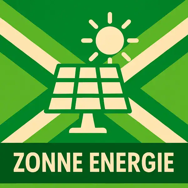 Logo van een zonnepaneel met zon erboven in silhouet op de Achterhoekse vlag, met de tekst “ZONNE ENERGIE” onderin in een donkergroene balk.