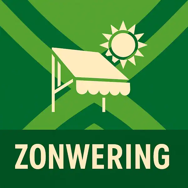 Logo van een zonnescherm en zon in silhouet op de Achterhoekse vlag, met de tekst “ZONWERING” onderin in een donkergroene balk.