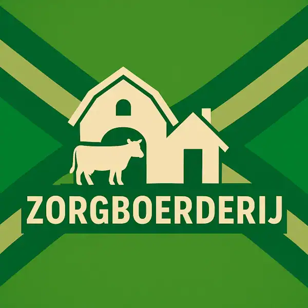 Logo van een boerderij met een koe in silhouet op de Achterhoekse vlag, met de tekst “ZORGBOERDERIJ” onderin in een donkergroene balk.