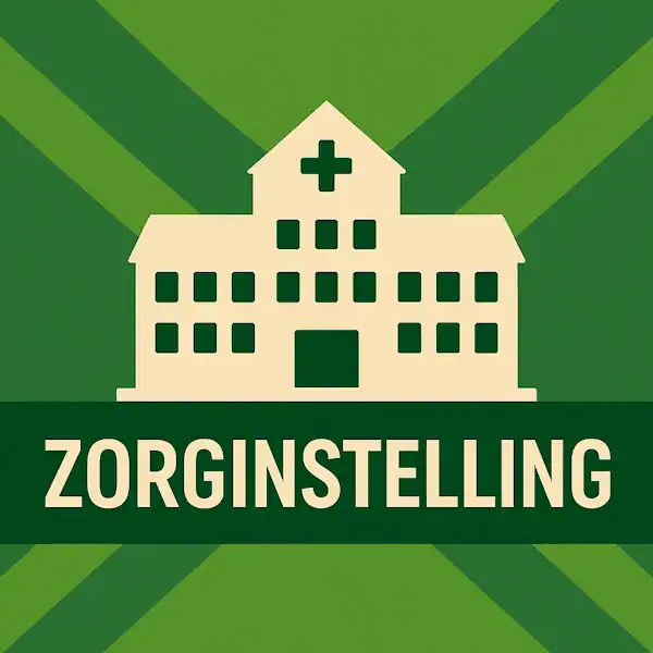 Logo van een zorginstelling in silhouet op de Achterhoekse vlag, met de tekst “ZORGINSTELLING” onderin in een donkergroene balk.