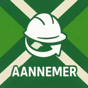 Logo voor aannemer: een wit bouwhelmicoon met pijl eromheen, geplaatst op de correcte Achterhoekse vlag met licht- en donkergroene diagonale banen en roomwitte kruisen, met daaronder de tekst 'AANNEMER' in hoofdletters.