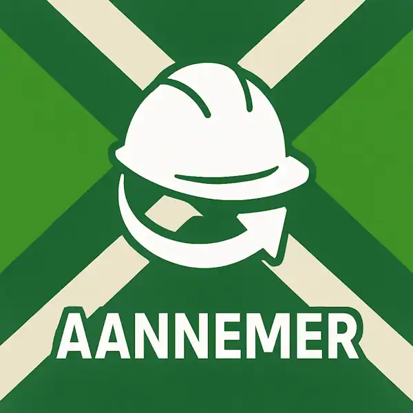Logo voor aannemer: een wit bouwhelmicoon met pijl eromheen, geplaatst op de correcte Achterhoekse vlag met licht- en donkergroene diagonale banen en roomwitte kruisen, met daaronder de tekst 'AANNEMER' in hoofdletters.