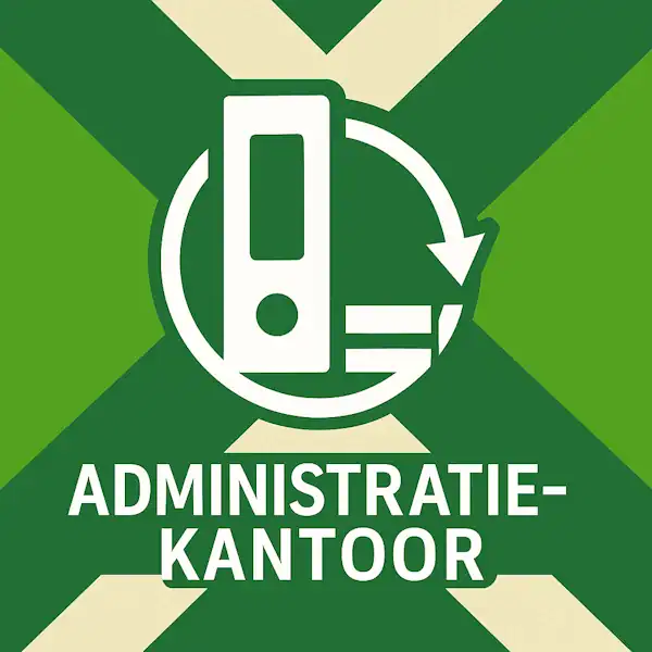 Logo voor administratiekantoor: een wit ordner-icoon met gebogen pijl eromheen, geplaatst op de correcte Achterhoekse vlag met lichtgroene en donkergroene diagonale banen en roomwitte kruisen, met daaronder de tekst ADMINISTRATIEKANTOOR in hoofdletters.