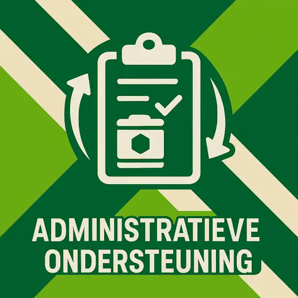 Logo voor administratieve ondersteuning: een wit clipboard-icoon met checklist en pijlen eromheen, geplaatst op de correcte Achterhoekse vlag met licht- en donkergroene diagonale banen en roomwitte kruisen, met daaronder de tekst ADMINISTRATIEVE ONDERSTEUNING in hoofdletters.