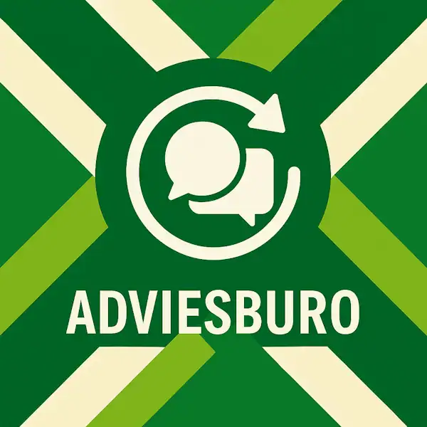 Logo voor adviesburo: twee witte chatballonnen met een gebogen pijl eromheen, geplaatst op de correcte Achterhoekse vlag met diagonale licht- en donkergroene banen en roomwitte kruisen, met daaronder de tekst ADVIESBURO in hoofdletters.