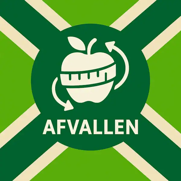 Logo voor afvallen: een wit appelicoon met meetlint en gebogen pijlen eromheen, geplaatst op de correcte Achterhoekse vlag met lichtgroene en donkergroene diagonale banen en roomwitte kruisen, met daaronder de tekst AFVALLEN in hoofdletters.