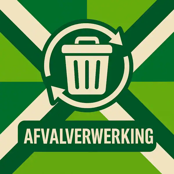 Logo voor afvalverwerking: een witte vuilnisbak met gebogen recyclepijlen eromheen, geplaatst op de correcte Achterhoekse vlag met lichtgroene en donkergroene diagonale banen en roomwitte kruisen, met daaronder de tekst AFVALVERWERKING in hoofdletters