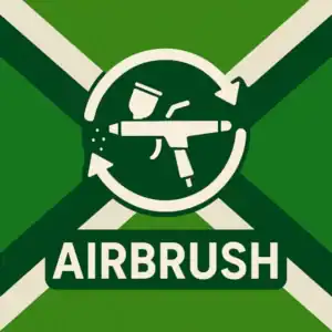 Logo voor airbrush: een wit airbrush-pistool met spuitnevel en cirkelvormige pijlen eromheen, geplaatst op de correcte Achterhoekse vlag met lichtgroene en donkergroene diagonale banen en roomwitte kruisen, met daaronder de tekst AIRBRUSH in hoofdletters.