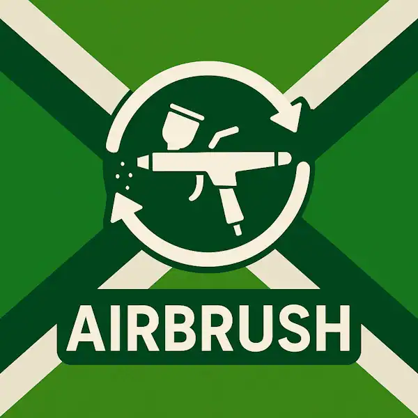 Logo voor airbrush: een wit airbrush-pistool met spuitnevel en cirkelvormige pijlen eromheen, geplaatst op de correcte Achterhoekse vlag met lichtgroene en donkergroene diagonale banen en roomwitte kruisen, met daaronder de tekst AIRBRUSH in hoofdletters.