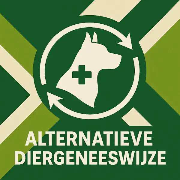 Logo voor alternatieve diergeneeswijze: een wit hondensilhouet met medisch kruis en cirkelvormige pijlen eromheen, geplaatst op de correcte Achterhoekse vlag met licht- en donkergroene diagonale banen en roomwitte kruisen, met daaronder de tekst ALTERNATIEVE DIERGENEESWIJZE in hoofdletters.