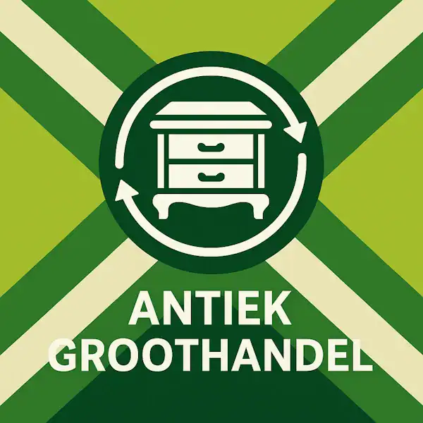 Logo voor antiek groothandel: een wit klassiek ladekast-icoon met cirkelvormige pijlen eromheen, geplaatst op de correcte Achterhoekse vlag met lichtgroene en donkergroene diagonale banen en roomwitte kruisen, met daaronder de tekst ANTIEK GROOTHANDEL in hoofdletters