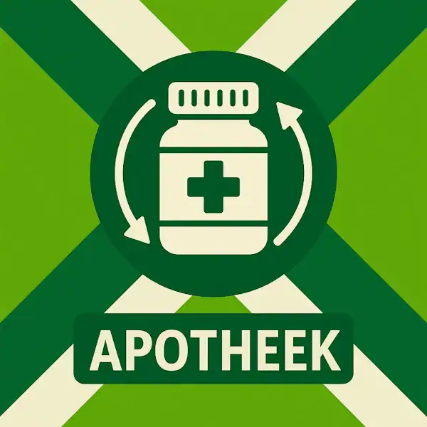 Logo voor apotheek: een wit pillenflesje met medisch kruis en cirkelvormige pijlen eromheen, geplaatst op de correcte Achterhoekse vlag met lichtgroene en donkergroene diagonale banen en roomwitte kruisen, met daaronder de tekst APOTHEEK in hoofdletters.