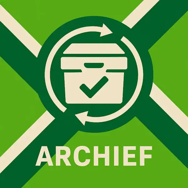 Logo voor archief: een wit archiefdoos-icoon met vinkje en cirkelvormige pijlen eromheen, geplaatst op de correcte Achterhoekse vlag met lichtgroene en donkergroene diagonale banen en roomwitte kruisen, met daaronder de tekst ARCHIEF in hoofdletters.