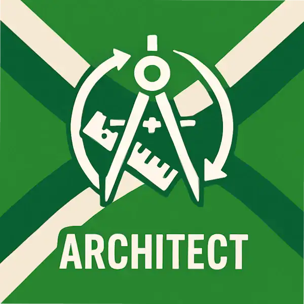 Logo voor architect: een wit passer-icoon met liniaal en cirkelvormige pijlen eromheen, geplaatst op de correcte Achterhoekse vlag met lichtgroene en donkergroene diagonale banen en roomwitte kruisen, met daaronder de tekst ARCHITECT in hoofdletters.
