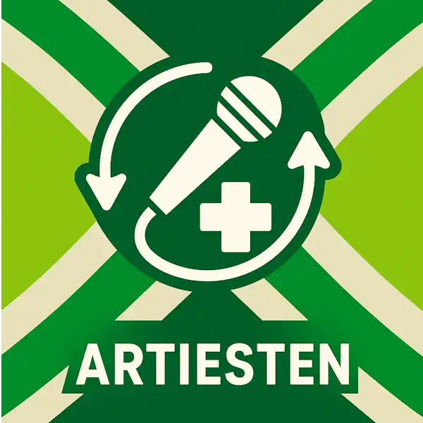 Logo voor artiesten: een wit microfoonicoon met cirkelvormige pijlen eromheen en een plus-teken, geplaatst op de correcte Achterhoekse vlag met lichtgroene en donkergroene diagonale banen en roomwitte kruisen, met daaronder de tekst ARTIESTEN in hoofdletters.
