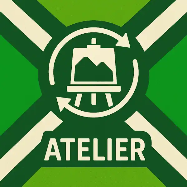 Logo voor atelier: een wit schildersezel-icoon met een canvas en cirkelvormige pijlen eromheen, geplaatst op de correcte Achterhoekse vlag met lichtgroene en donkergroene diagonale banen en roomwitte kruisen, met daaronder de tekst ATELIER in hoofdletters.