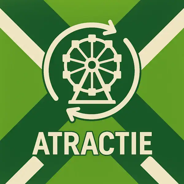 Logo voor attractie: een wit icoon van een reuzenrad met cirkelvormige pijlen eromheen, geplaatst op de correcte Achterhoekse vlag met lichtgroene en donkergroene diagonale banen en roomwitte kruisen, met daaronder de tekst ATTRACTIE in hoofdletters.