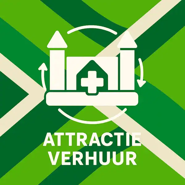 Logo voor attractieverhuur: een wit springkussen met medisch kruis, omgeven door cirkelvormige pijlen, geplaatst op de correcte Achterhoekse vlag met lichtgroene en donkergroene diagonale banen en roomwitte kruisen, met daaronder de tekst ATTRACTIE VERHUUR in hoofdletters.