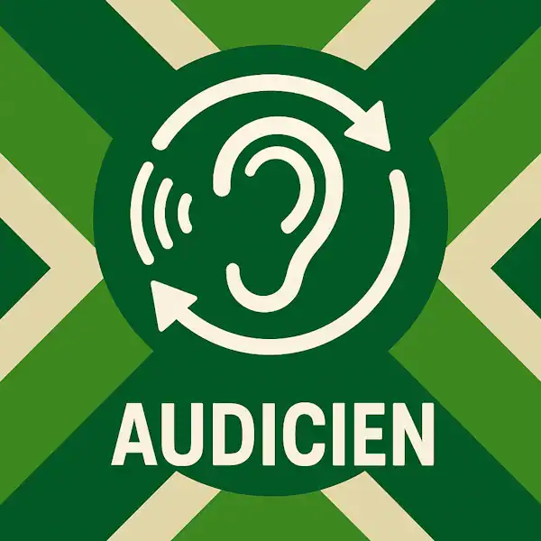 Logo voor audicien: een wit ooricoon met geluidsgolven en cirkelvormige pijlen eromheen, geplaatst op de correcte Achterhoekse vlag met lichtgroene en donkergroene diagonale banen en roomwitte kruisen, met daaronder de tekst AUDICIEN in hoofdletters.