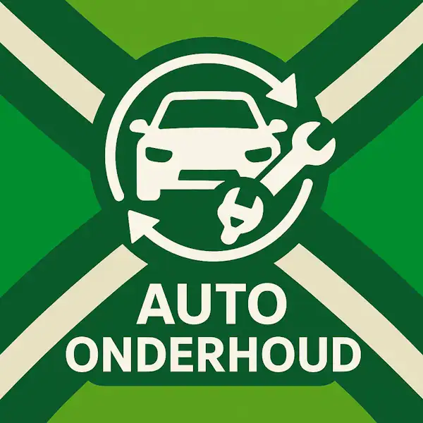 Logo voor auto onderhoud: een wit auto-icoon met een moersleutel en cirkelvormige pijlen eromheen, geplaatst op de correcte Achterhoekse vlag met lichtgroene en donkergroene diagonale banen en roomwitte kruisen, met daaronder de tekst AUTO ONDERHOUD in hoofdletters.