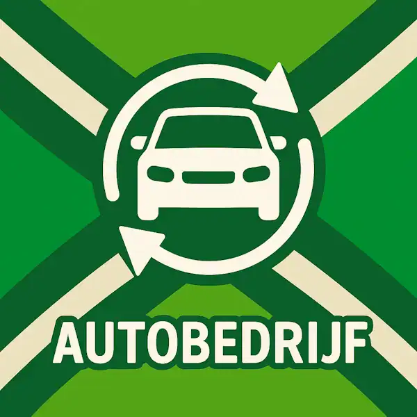 Logo voor autobedrijf: een wit auto-icoon met cirkelvormige pijlen eromheen, geplaatst op de correcte Achterhoekse vlag met lichtgroene en donkergroene diagonale banen en roomwitte kruisen, met daaronder de tekst AUTOBEDRIJF in hoofdletters.