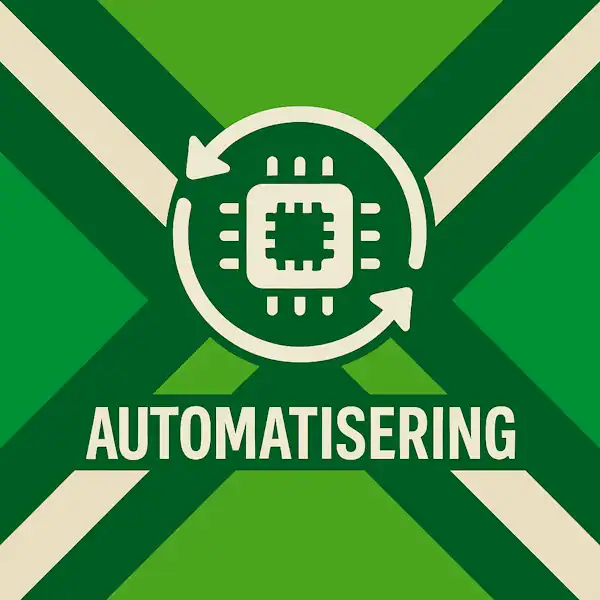 Logo voor automatisering: een wit microchip-icoon met cirkelvormige pijlen eromheen, geplaatst op de correcte Achterhoekse vlag met lichtgroene en donkergroene diagonale banen en roomwitte kruisen, met daaronder de tekst AUTOMATISERING in hoofdletters.