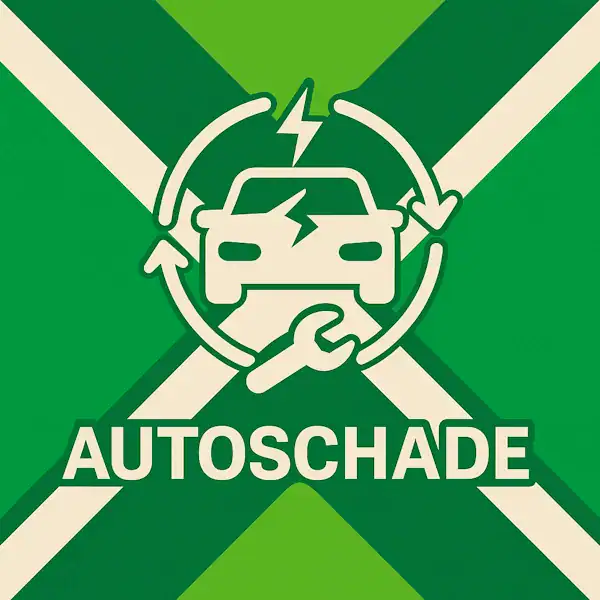 Logo voor autoschade: een wit auto-icoon met een bliksemschicht en cirkelvormige pijlen eromheen, geplaatst op de correcte Achterhoekse vlag met lichtgroene en donkergroene diagonale banen en roomwitte kruisen, met daaronder de tekst AUTOSCHADE in hoofdletters.