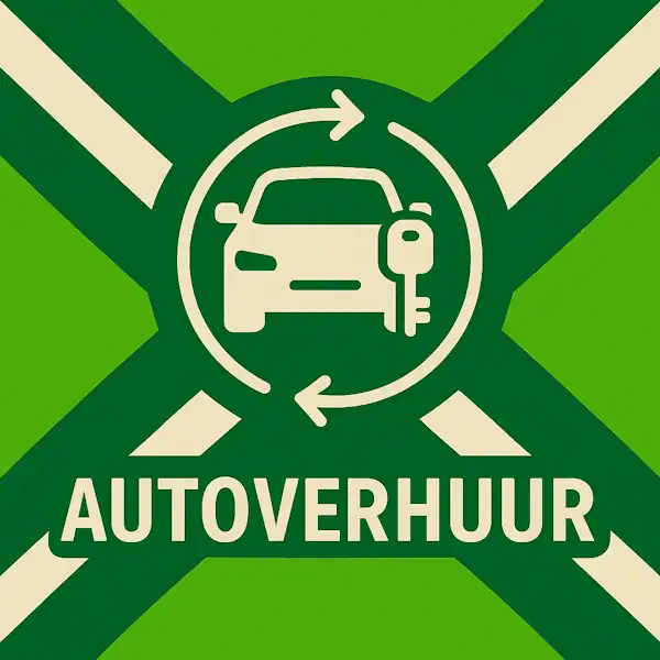 Logo voor autoverhuur: een wit auto-icoon met een sleutel en cirkelvormige pijlen eromheen, geplaatst op de correcte Achterhoekse vlag met lichtgroene en donkergroene diagonale banen en roomwitte kruisen, met daaronder de tekst AUTOVERHUUR in hoofdletters.