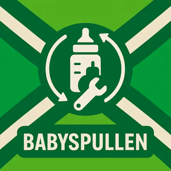 Logo voor babyspullen: een wit babyflesje met een cirkelvormige pijl eromheen en een speen en sleutel-icoon, geplaatst op de correcte Achterhoekse vlag met lichtgroene en donkergroene diagonale banen en roomwitte kruisen, met daaronder de tekst BABYSPULLEN in hoofdletters.