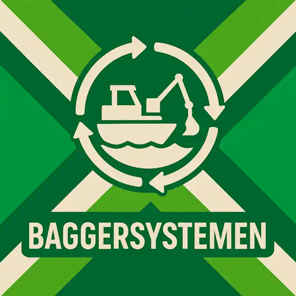 Logo voor baggersystemen: een wit baggerboot-icoon met grijparm, geplaatst in een cirkelvormige pijl en op de correcte Achterhoekse vlag met lichtgroene en donkergroene diagonale banen en roomwitte kruisen, met daaronder de tekst BAGGERSYSTEMEN in hoofdletters.