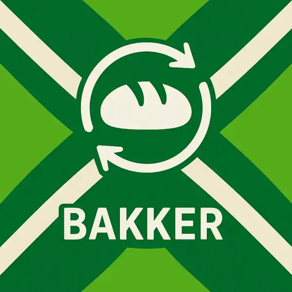 Logo voor bakker: een wit brood-icoon met cirkelvormige pijlen eromheen, zonder gereedschap, geplaatst op de correcte Achterhoekse vlag met lichtgroene en donkergroene diagonale banen en roomwitte kruisen, met daaronder de tekst BAKKER in hoofdletters.