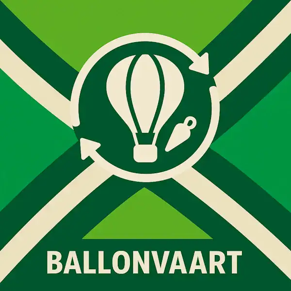Logo voor ballonvaart: een wit luchtballonicoon met cirkelvormige pijlen eromheen, geplaatst op de correcte Achterhoekse vlag met lichtgroene en donkergroene diagonale banen en roomwitte kruisen, met daaronder de tekst BALLONVAART in hoofdletters.