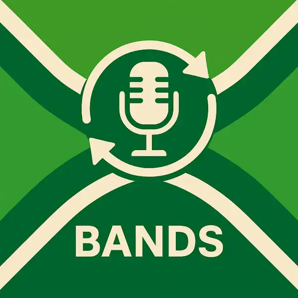 Logo voor bands: een wit microfoonicoon met cirkelvormige pijlen eromheen, geplaatst op de correcte Achterhoekse vlag met lichtgroene en donkergroene diagonale banen en roomwitte kruisen, met daaronder de tekst BANDS in hoofdletters