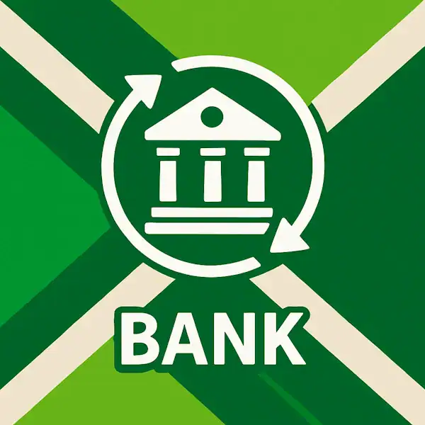 Logo voor bank: een wit klassiek bankgebouw met zuilen, omringd door cirkelvormige pijlen, geplaatst op de correcte Achterhoekse vlag met lichtgroene en donkergroene diagonale banen en roomwitte kruisen, met daaronder de tekst BANK in hoofdletters.