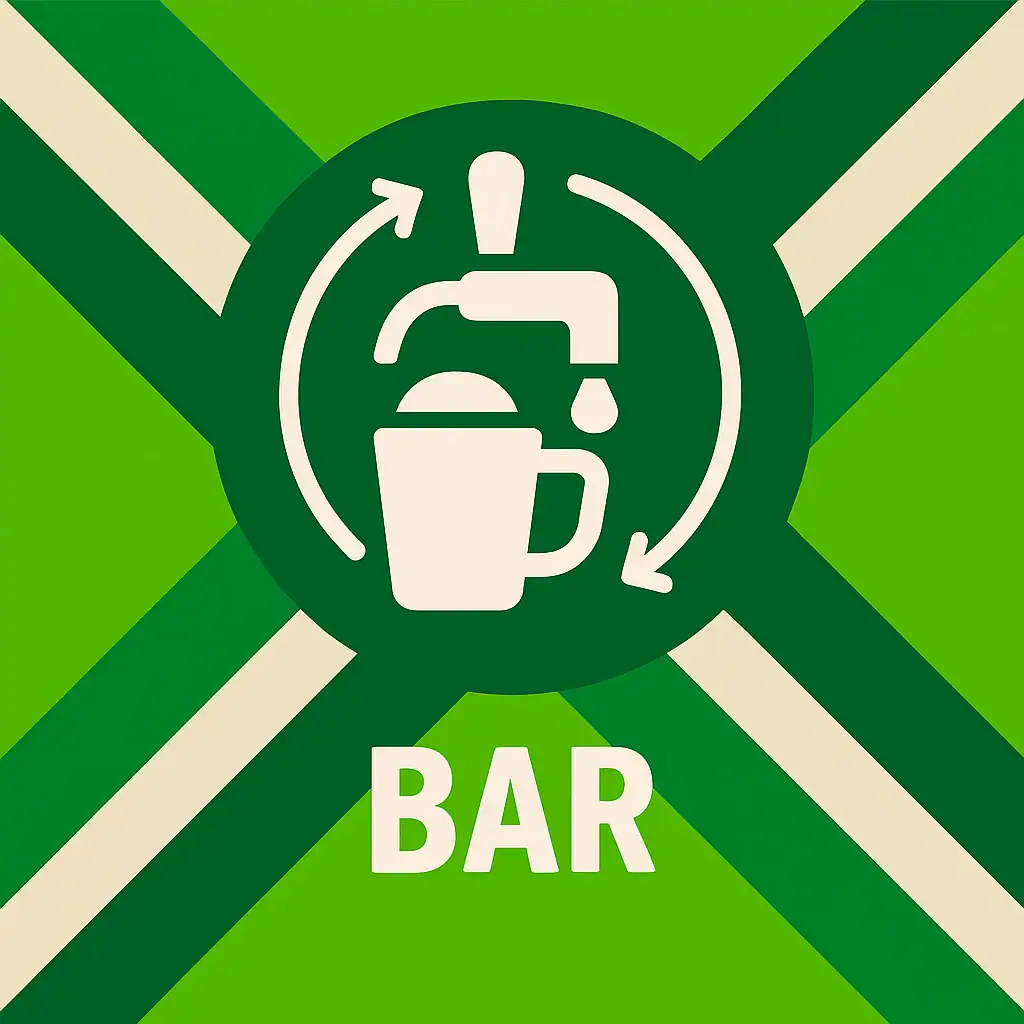 Logo voor bar: een wit biertap-icoon met een schuimende bierpul en cirkelvormige pijlen eromheen, geplaatst op de correcte Achterhoekse vlag met lichtgroene en donkergroene diagonale banen en roomwitte kruisen, met daaronder de tekst BAR in hoofdletters.