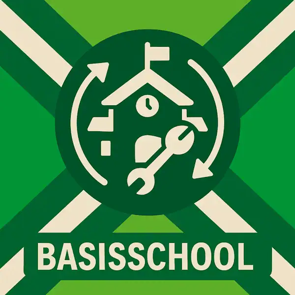 Logo voor basisschool: een wit schoolgebouwicoon met klok en vlaggetje, omringd door cirkelvormige pijlen, geplaatst op de correcte Achterhoekse vlag met lichtgroene en donkergroene diagonale banen en roomwitte kruisen, met daaronder de tekst BASISSCHOOL in hoofdletters.