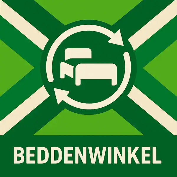 Logo voor beddenwinkel: een wit bedicoon met hoofdbord en cirkelvormige pijlen eromheen, geplaatst op de correcte Achterhoekse vlag met lichtgroene en donkergroene diagonale banen en roomwitte kruisen, met daaronder de tekst BEDDENWINKEL in hoofdletters