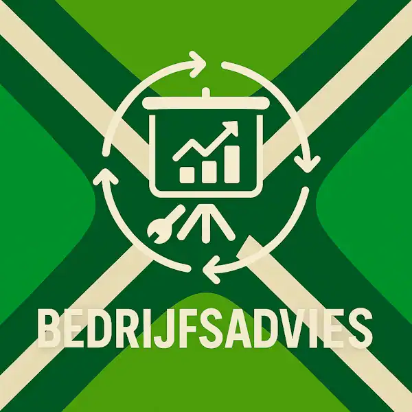 Logo voor bedrijfsadvies: een wit presentatiebord met grafiek en cirkelvormige pijlen eromheen, geplaatst op de correcte Achterhoekse vlag met lichtgroene en donkergroene diagonale banen en roomwitte kruisen, met daaronder de tekst BEDRIJFSADVIES in hoofdletters.