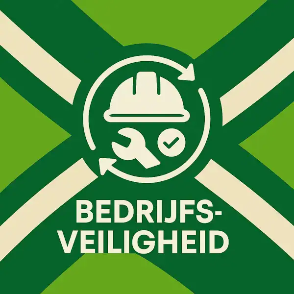 Logo voor bedrijfsveiligheid: een wit veiligheidshelm-icoon met cirkelvormige pijlen eromheen, geplaatst op de correcte Achterhoekse vlag met lichtgroene en donkergroene diagonale banen en roomwitte kruisen, met daaronder de tekst BEDRIJFSVEILIGHEID in hoofdletters.