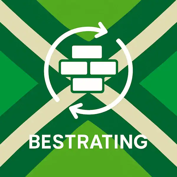 Logo voor bestrating: een wit patroon van straatstenen met cirkelvormige pijlen eromheen, geplaatst op de correcte Achterhoekse vlag met lichtgroene en donkergroene diagonale banen en roomwitte kruisen, met daaronder de tekst BESTRATING in hoofdletters.