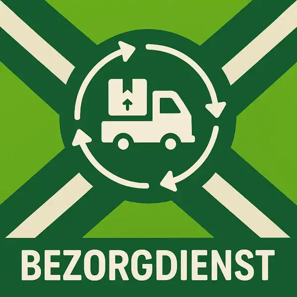 Logo voor bezorgdienst: een wit bestelwagen-icoon met pakket en cirkelvormige pijlen eromheen, geplaatst op de correcte Achterhoekse vlag met lichtgroene en donkergroene diagonale banen en roomwitte kruisen, met daaronder de tekst BEZORGDIENST in hoofdletters.