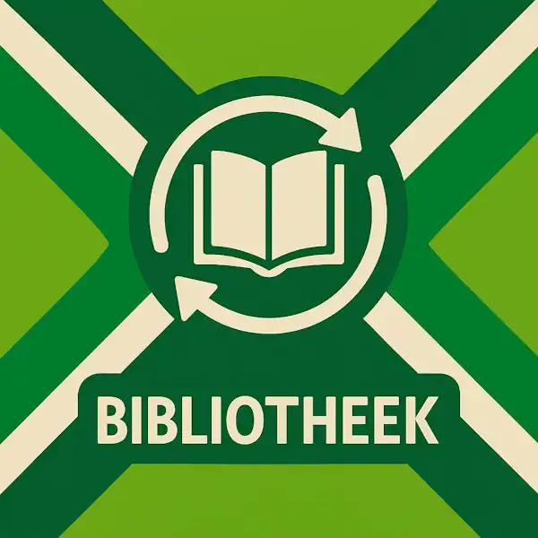 Logo voor bibliotheek: een wit open boekicoon met cirkelvormige pijlen eromheen, geplaatst op de correcte Achterhoekse vlag met lichtgroene en donkergroene diagonale banen en roomwitte kruisen, met daaronder de tekst BIBLIOTHEEK in hoofdletters.