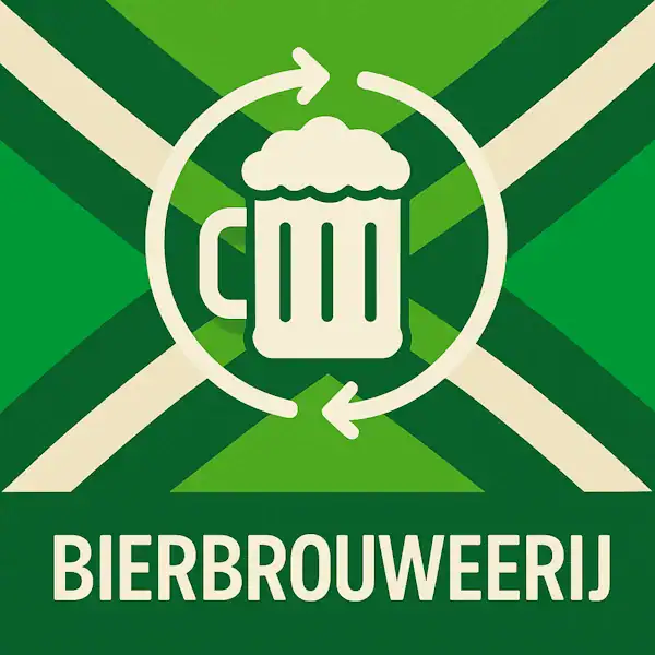 Logo voor bierbrouwerij: een wit bierpulicoon met schuimkraag en cirkelvormige pijlen eromheen, geplaatst op de correcte Achterhoekse vlag met lichtgroene en donkergroene diagonale banen en roomwitte kruisen, met daaronder de tekst BIERBROUWERIJ in hoofdletters.