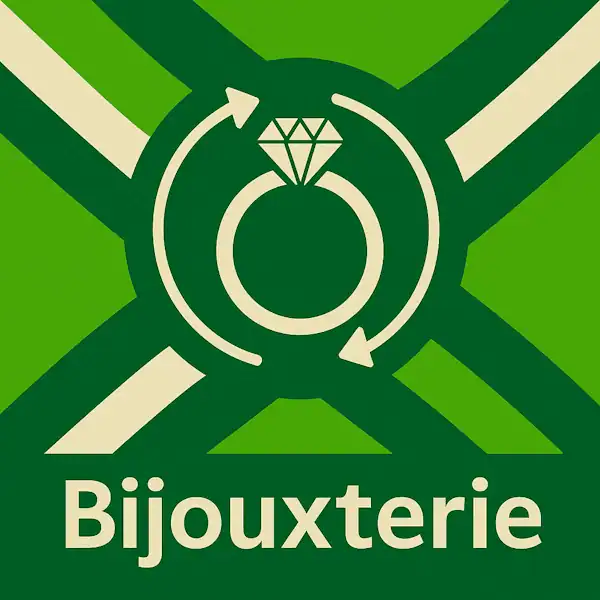 Logo voor bijouxterie: een wit ringicoon met diamant en cirkelvormige pijlen eromheen, geplaatst op de correcte Achterhoekse vlag met lichtgroene en donkergroene diagonale banen en roomwitte kruisen, met daaronder de tekst Bijouxterie in hoofdletters