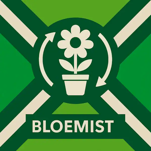 Logo voor bloemist: een wit bloempoticoon met bloem en cirkelvormige pijlen eromheen, geplaatst op de correcte Achterhoekse vlag met lichtgroene en donkergroene diagonale banen en roomwitte kruisen, met daaronder de tekst BLOEMIST in hoofdletters.